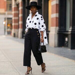 Polka Dot Print Dipped Hem Casual Button Front Long Sleeve Blouse